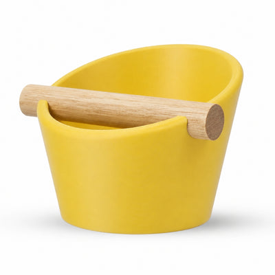 Oval Espresso Knock Box with real oak wood bar in Matte Yellow