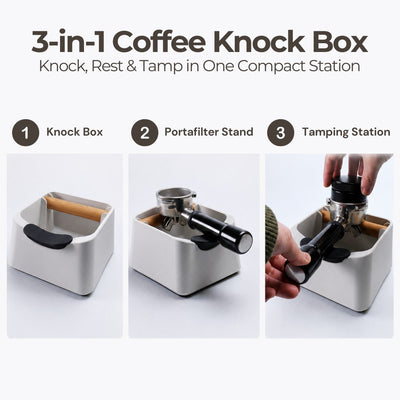 Feature diagram highlighting the knock box, portafilter stand, and tamping station capabilities of the multi-functional coffee organiser.