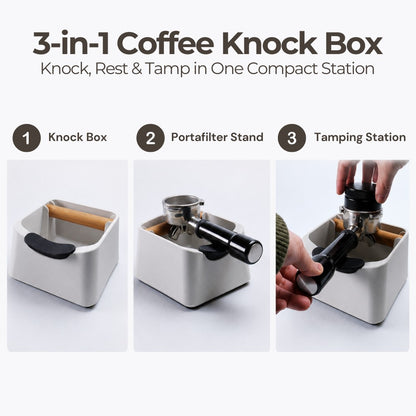 Feature diagram highlighting the knock box, portafilter stand, and tamping station capabilities of the multi-functional coffee organiser.