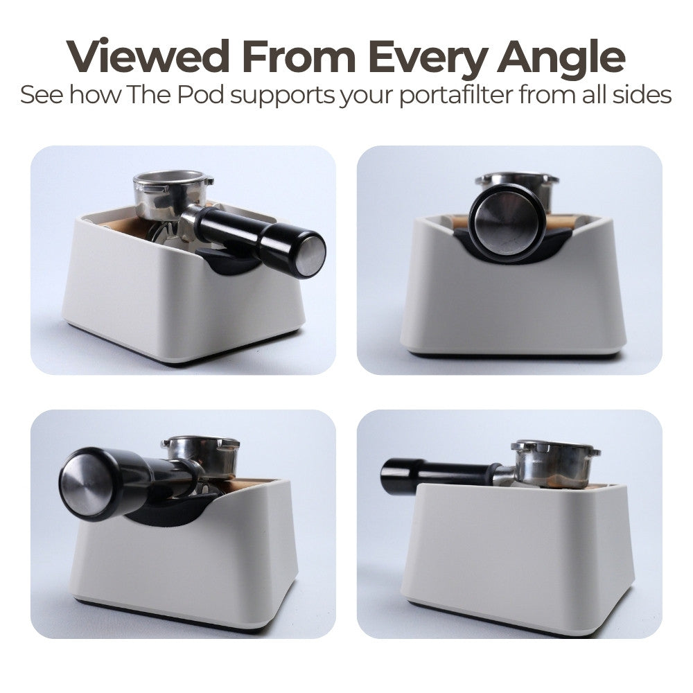 White pod holder with portafilter from multiple angles on a light gray background