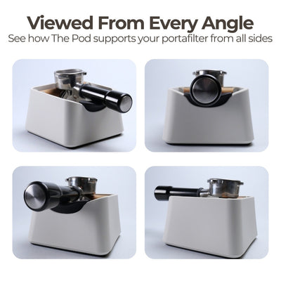 White pod holder with portafilter from multiple angles on a light gray background
