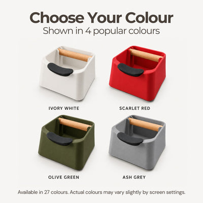 Color selection layout displaying the multi-functional coffee station in custom ash grey, ivory white, olive green, and red variations.