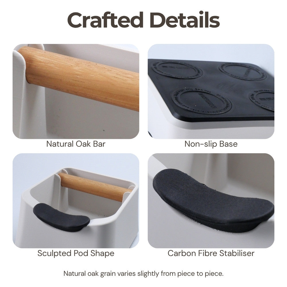Product features including a natural oak bar, non-slip base, sculpted pod shape, and carbon fiber stabilizer.