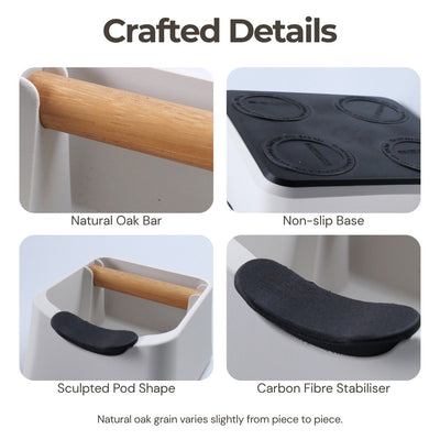 Product features including a natural oak bar, non-slip base, sculpted pod shape, and carbon fiber stabilizer.