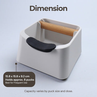 Measurement infographic showing the exact width, depth, and height specifications of the 3-in-1 coffee tamping stand.