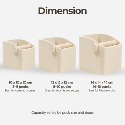 Size comparison infographic detailing small, medium, and large capacities for the square coffee knock box.