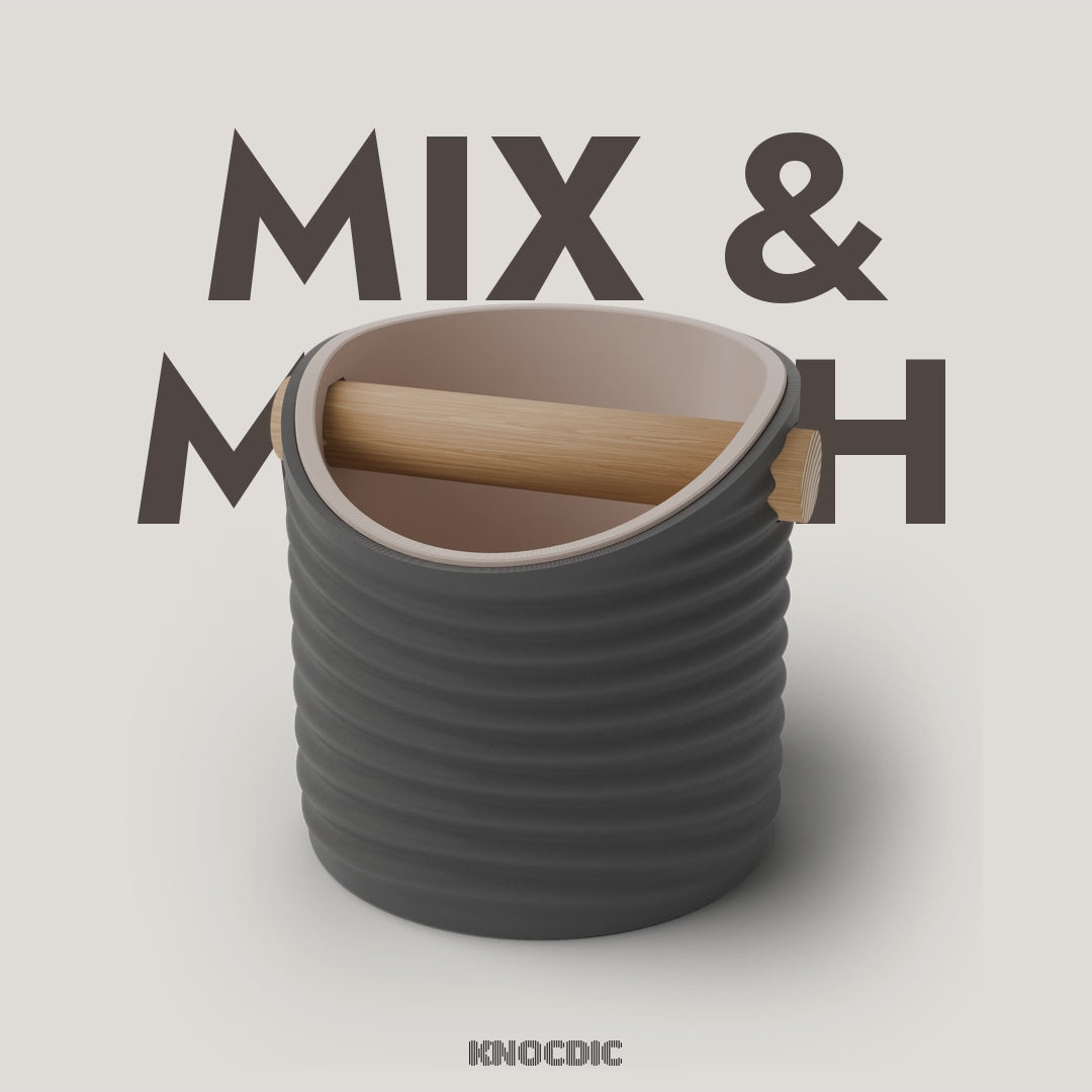 Ripple Round knock box mix and match animation: 4 shell colours with Latte Brown or Charcoal inner bin