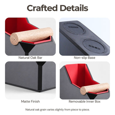 Close-up graphics displaying the angled rim design, solid oak wood bar, and textured finish of the rectangular bin.