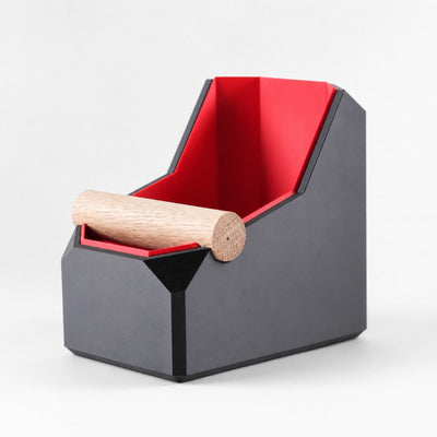 KNOCDIC charcoal grey rectangular espresso knock box with a striking red interior and solid oak knock bar.