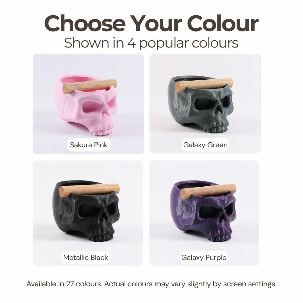 Color comparison chart displaying the gothic skull knock box in Charcoal, Pink, Galaxy Green, Galaxy Purple