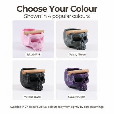 Color comparison chart displaying the gothic skull knock box in Charcoal, Pink, Galaxy Green, Galaxy Purple