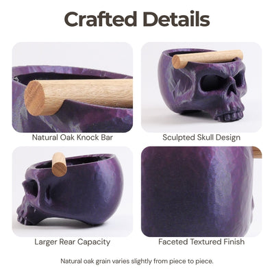 Close-up product features chart showing the detailed texture, non-slip base, and oak bar of a purple skull knock box.