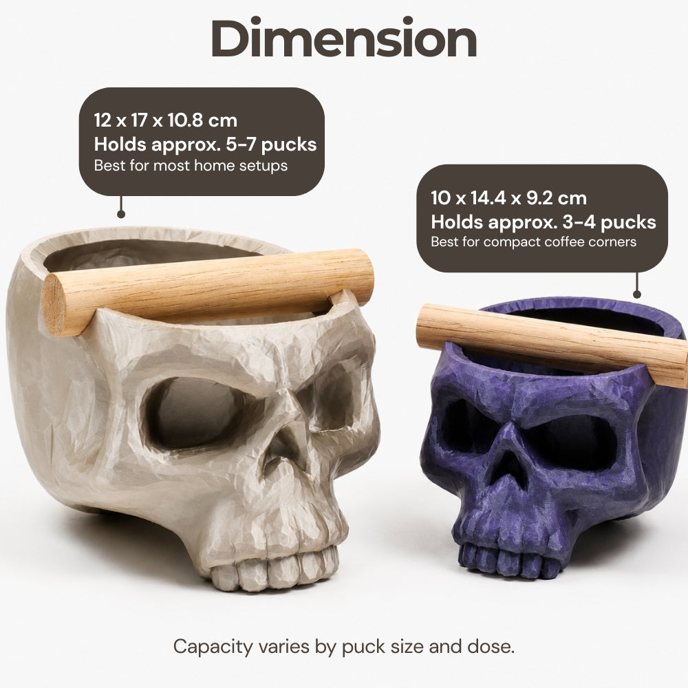 Sizing and dimension chart comparing the small and large skull coffee knock boxes with espresso shot capacities.
