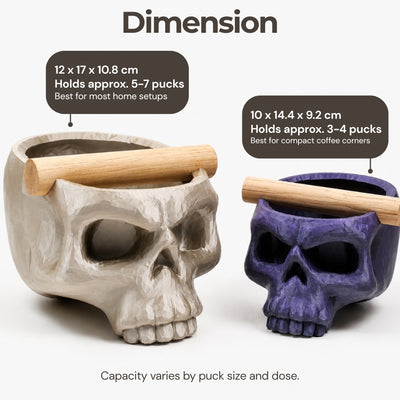 Sizing and dimension chart comparing the small and large skull coffee knock boxes with espresso shot capacities.