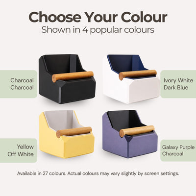 Color layout options showcasing the high-capacity square coffee knock box in dual-tone charcoal, tan, and purple combinations.