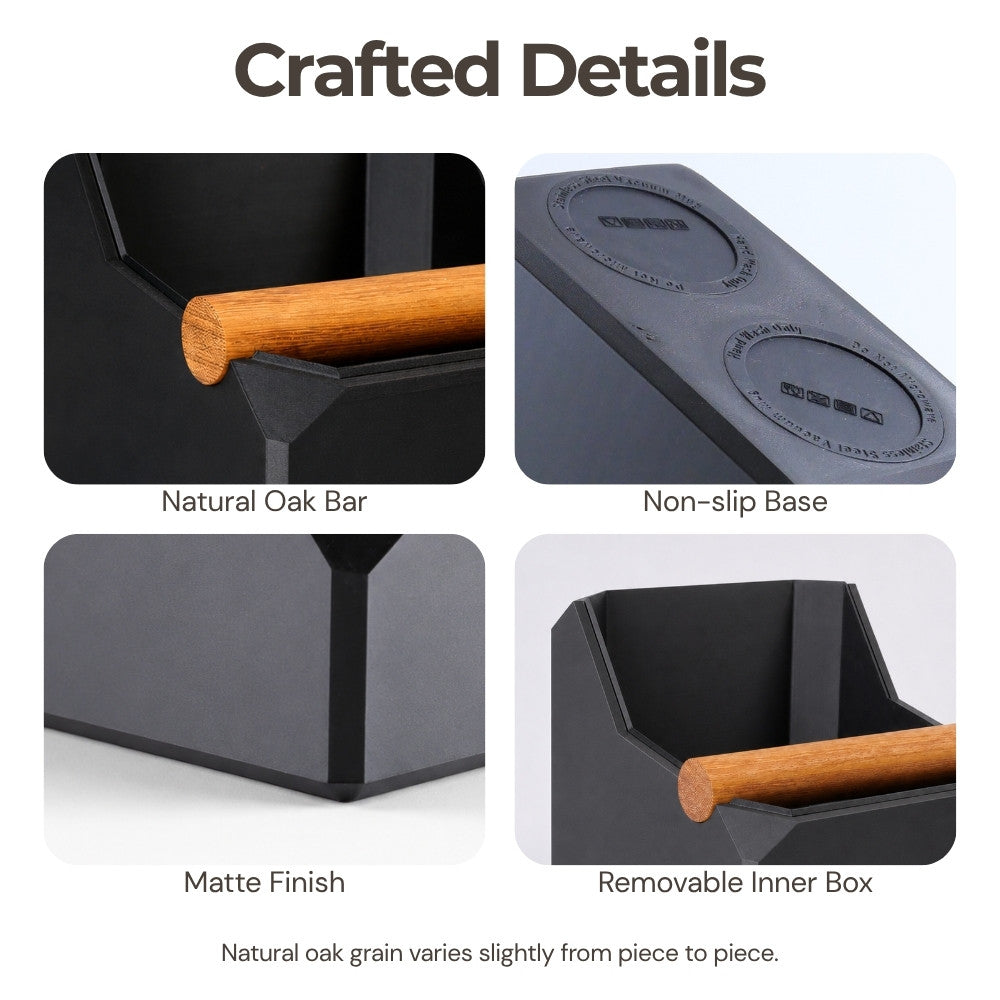 Product design graphic detailing the removable solid oak bar and integrated non-slip base grips on a large coffee waste bin.