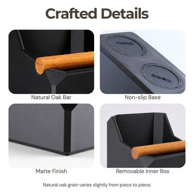 Product design graphic detailing the removable solid oak bar and integrated non-slip base grips on a large coffee waste bin.