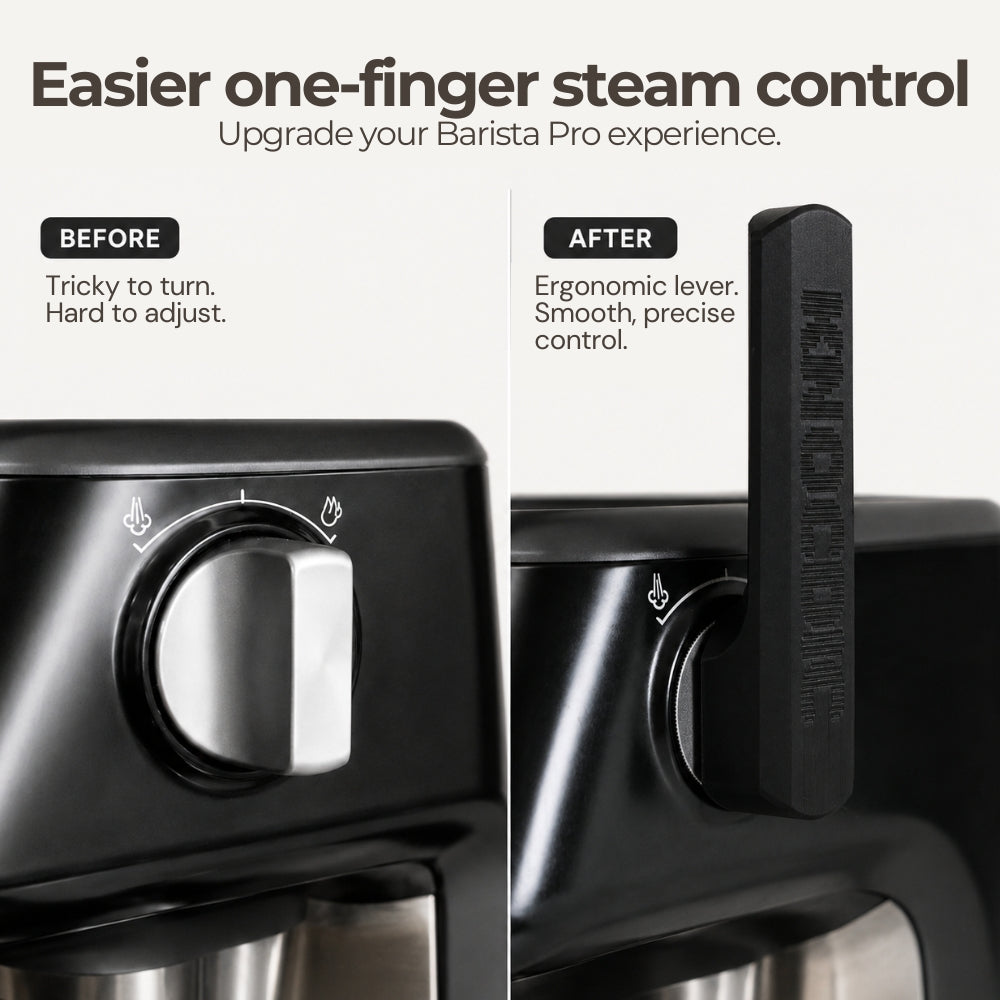 Infographic demonstrating one-finger steam dial control using a custom snap-on mechanical lever extension.