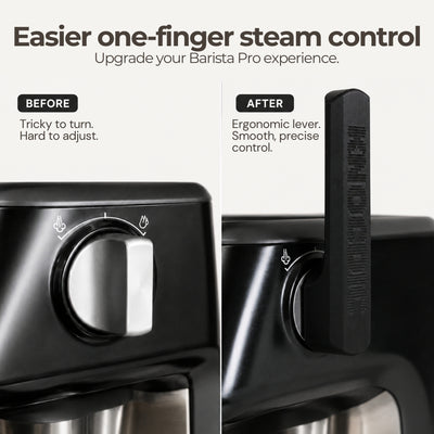 Infographic demonstrating one-finger steam dial control using a custom snap-on mechanical lever extension.