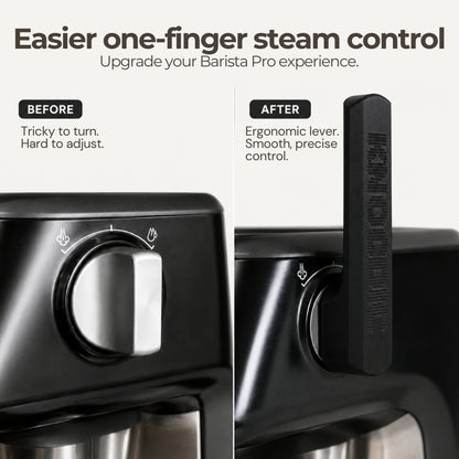 Infographic demonstrating one-finger steam dial control using a custom snap-on mechanical lever extension.