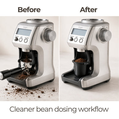 Before and after comparison showing a clean coffee station with a dosing cup versus messy grounds on a counter.