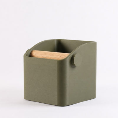 The Square Minimalist Espresso Knock Box in matte olive green