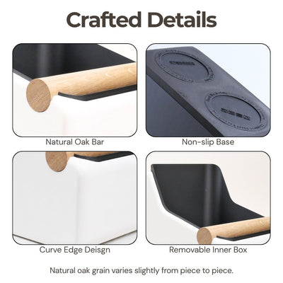 Product design feature breakdown graphic showing the natural oak bar, non-slip base, and curved edge finish of a large coffee bin.