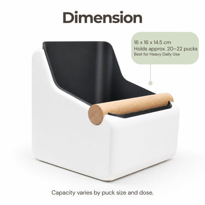 Size guide and capacity infographic detailing the large scale storage of the Curve Square coffee waste container.
