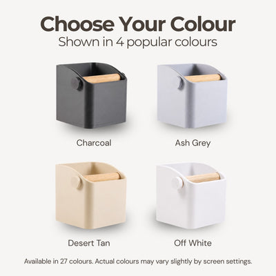 Color options chart displaying the square coffee waste bin in standard charcoal, white, tan, and ash grey.