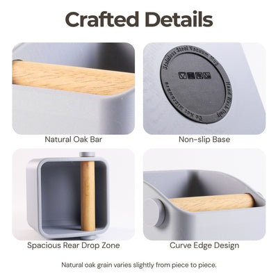 Product feature breakdown showing the non-slip base, spacious rear drop zone, and removable oak wood bar.