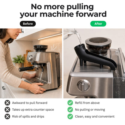 Coffee machine water tank funnel helps refill rear tank without pulling machine forward