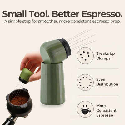 An infographic breaking down the micro-clump breaking features of a multi-needle espresso distribution tool.