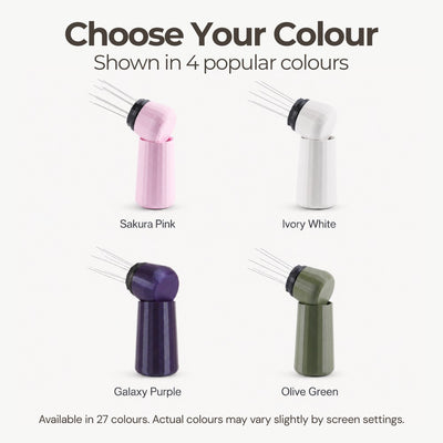 Color selection chart showing the custom coffee distribution tool in Charcoal, White, Desert Tan, and Olive Green.
