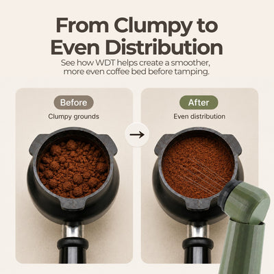 Before and after comparison infographic showing clumpy coffee grounds turned into an even espresso bed with a WDT tool.