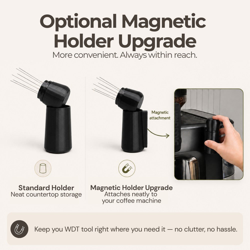 Demonstration of the optional magnetic holder upgrade snapping a customizable WDT tool securely to an espresso machine.