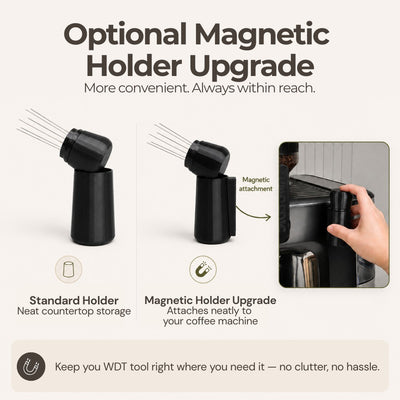 Demonstration of the optional magnetic holder upgrade snapping a customizable WDT tool securely to an espresso machine.
